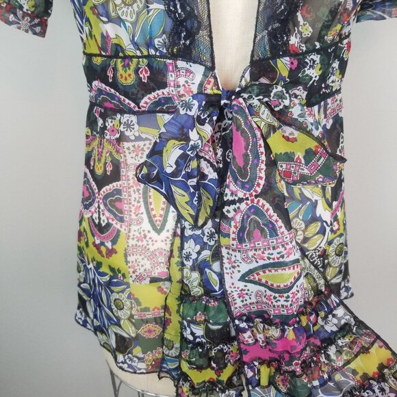 CAbi Beaches of St Tropez Colorful Sheer Tie Front Blouse Women's Size Small - Picture 2 of 8